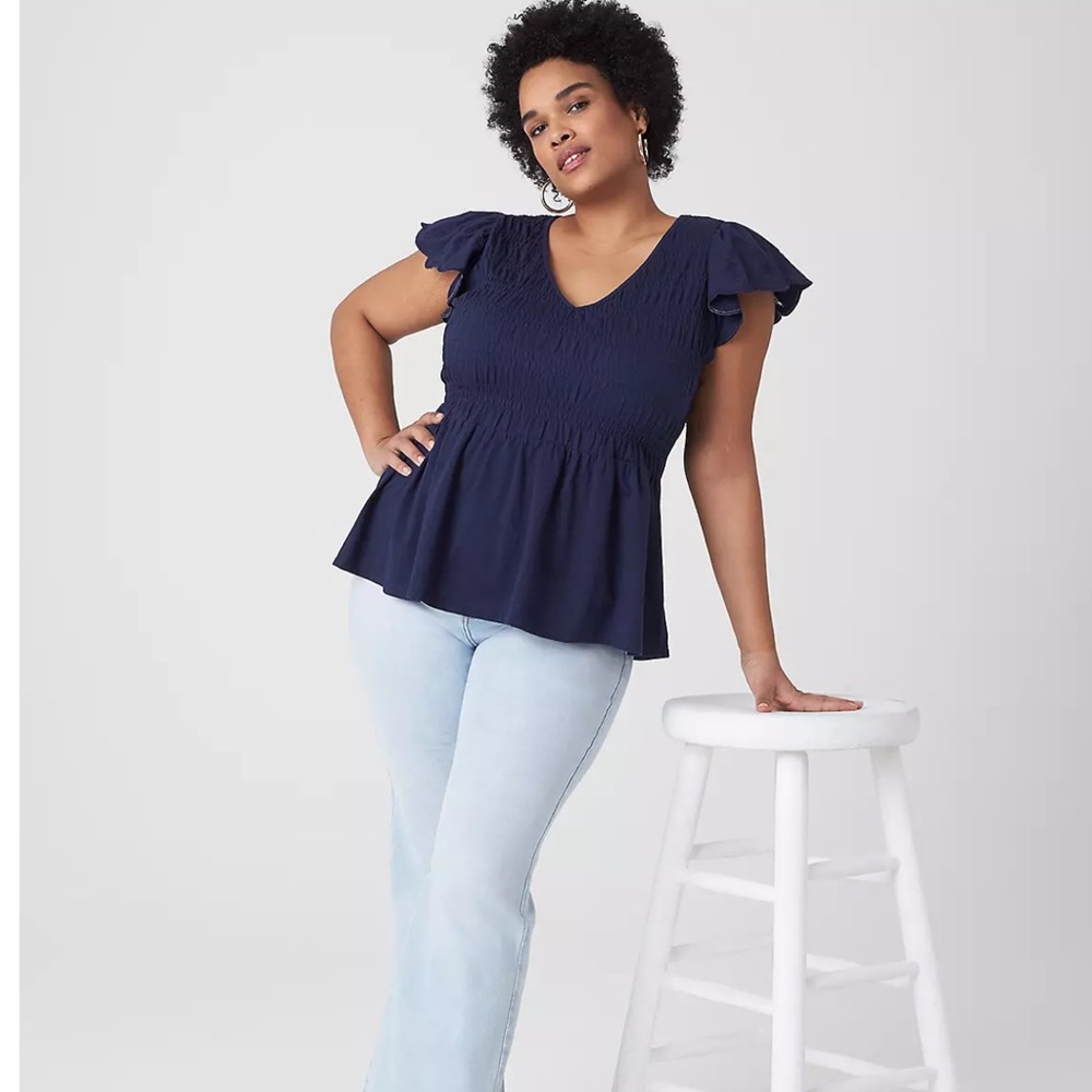 Lane Bryant navy blue flutter sleeve smocked peplum top size 22/24